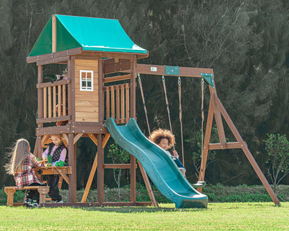 DOLPHIN PLAYGROUND T Wooden Swing and Slide Set for Backyard, Kids Swing Set with Picnic Table, Play House for Kids Outdoors with Slide 2 Swings Climbing Wall, Kids Outdoor Play Equipment for Ages 3+