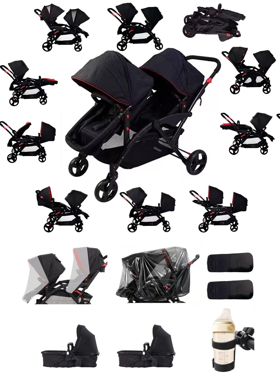 Rexhan Twin Baby Pram, 2 in 1 Foldable Double Baby Buggy, Reversible Tandem Pushchair, Twin All in One Stroller, Newborns, Toddlers, 0-4 Years, Aluminium Frame, Lightweight