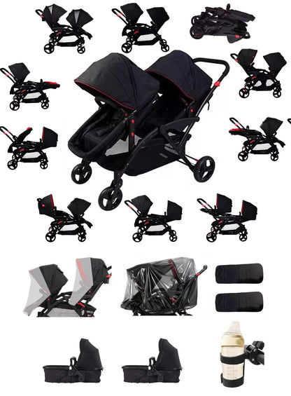 Rexhan Twin Baby Pram, 2 in 1 Foldable Double Baby Buggy, Reversible Tandem Pushchair, Twin All in One Stroller, Newborns, Toddlers, 0-4 Years, Aluminium Frame, Lightweight