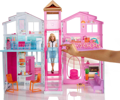 Barbie 3-Story Townhouse Dollhouse with Elevator, Swing Chair, Furniture and Accessories, Fold for Portability and Travel, DLY32