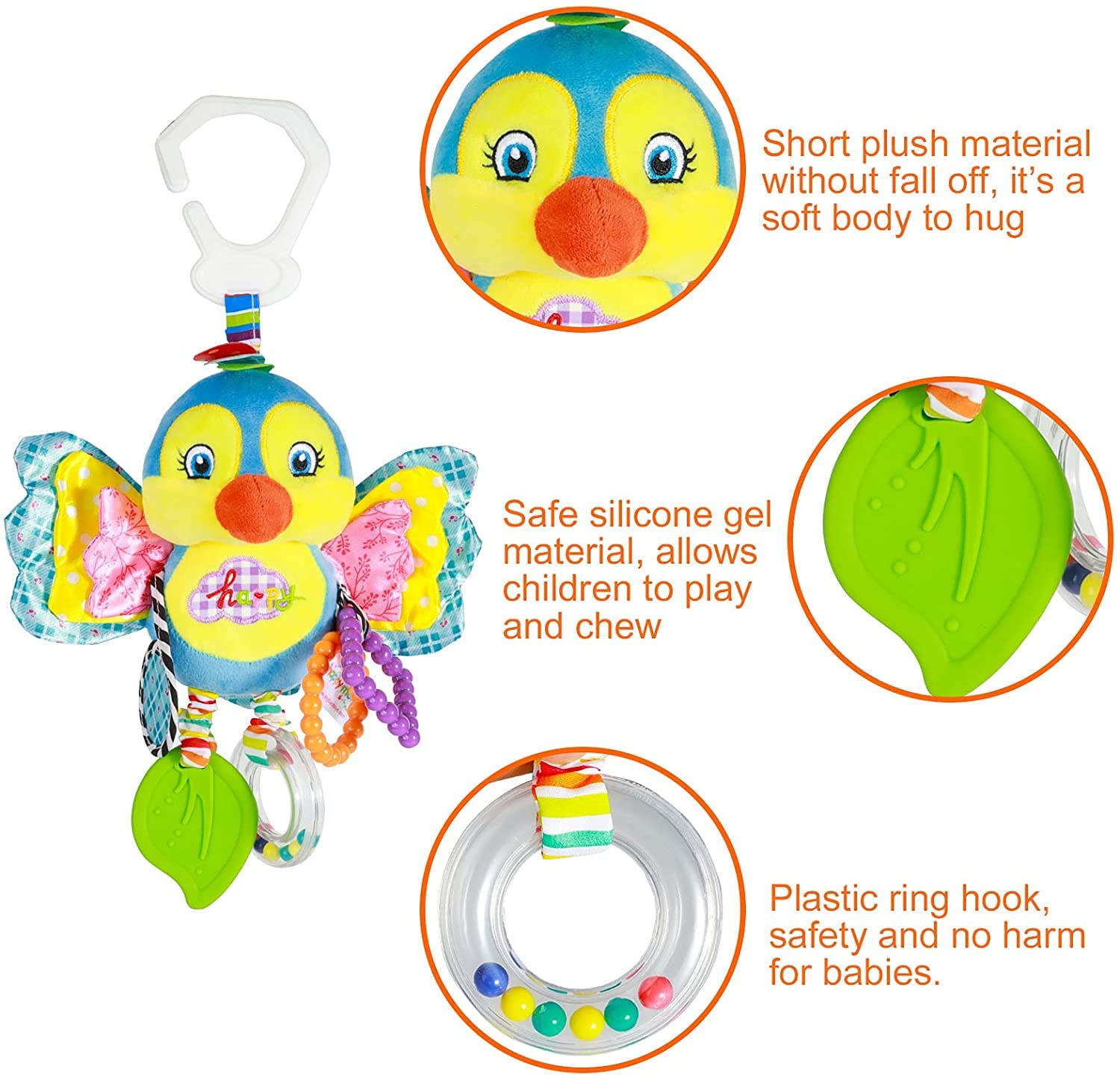 Funsland baby pram toys with hanging rattle and plush sensory features for newborns and toddlers, clip-on car seat and stroller activity toy