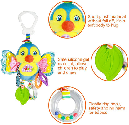Funsland baby pram toys with hanging rattle and plush sensory features for newborns and toddlers, clip-on car seat and stroller activity toy