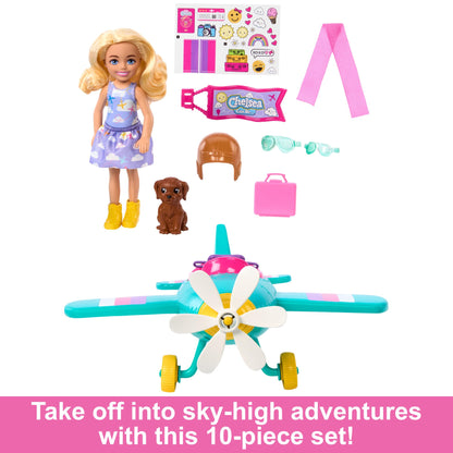 Barbie Chelsea Can Be Doll playset with 2-seater plane featuring spinning propeller, puppy, stickers, and seven accessories.
