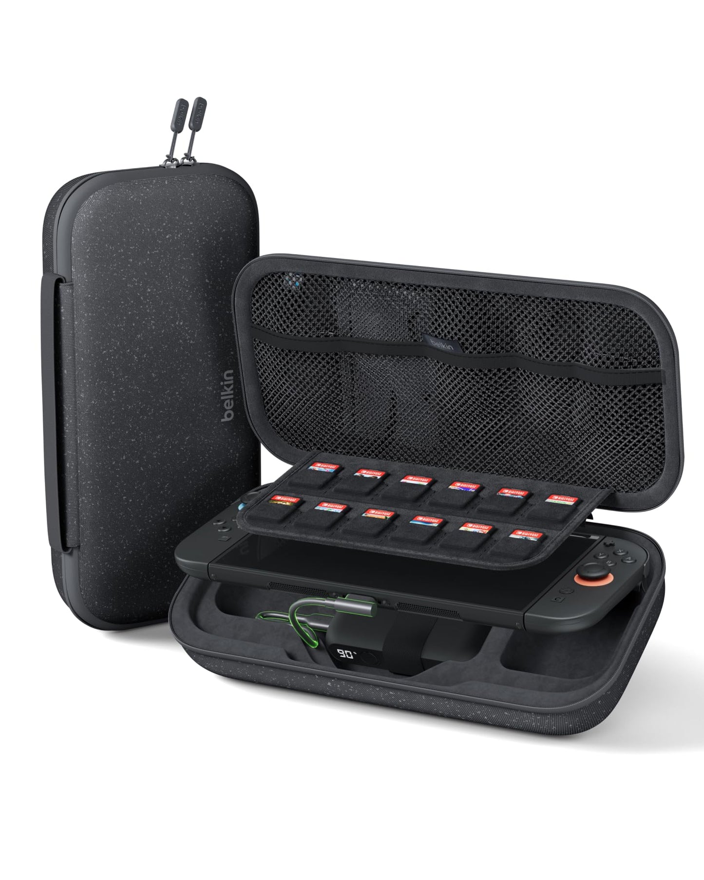 Belkin gaming Nintendo Switch 2 charger case with 10,000mAh power bank, LCD display, fast charging, holder for AirTag and games in charcoal