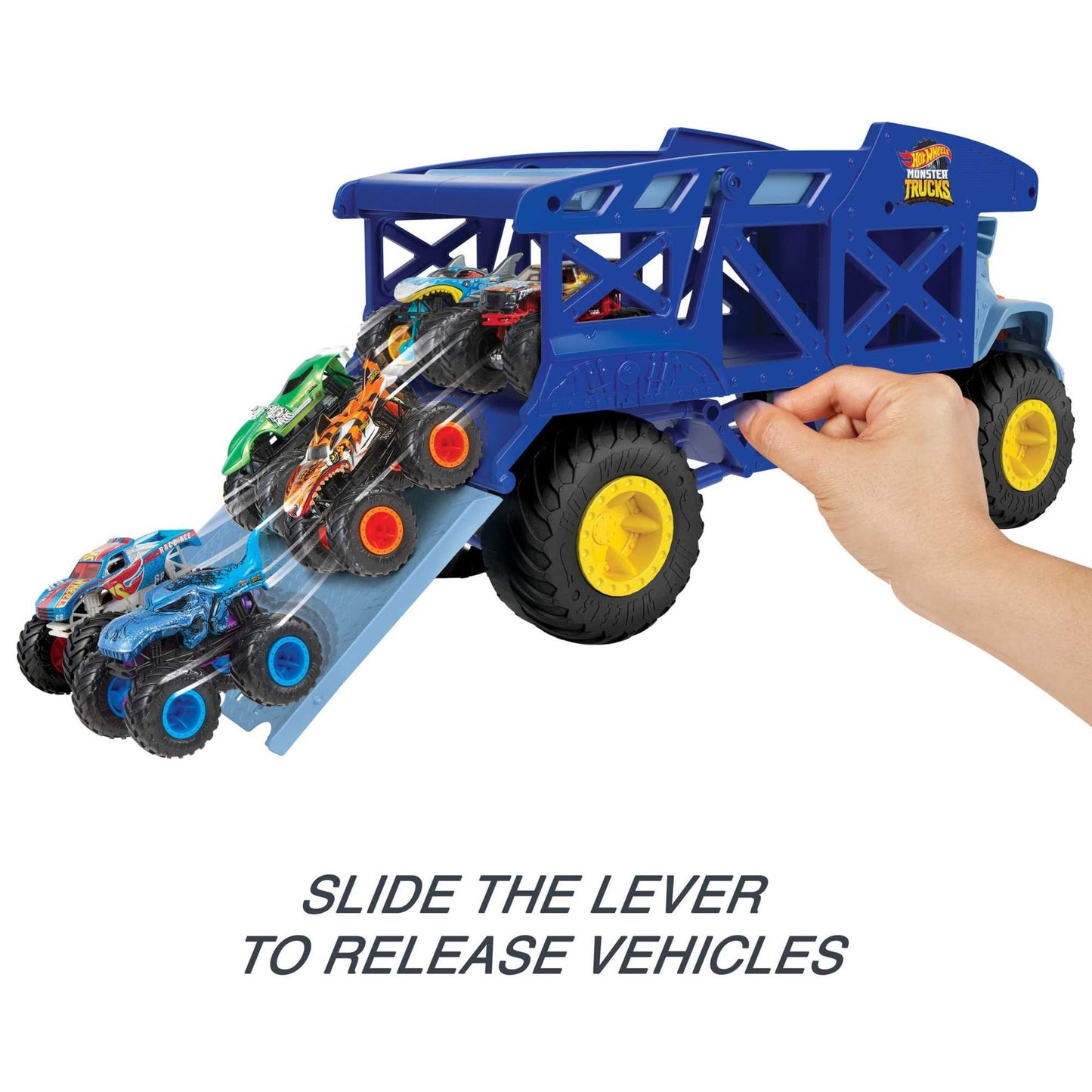 Hot Wheels Monster Trucks Toy Hauler, Oversized Truck Carries & Stores 12 1:64 Scale Monster Trucks or 32 Cars, Monster Mover Rhino, HFB13