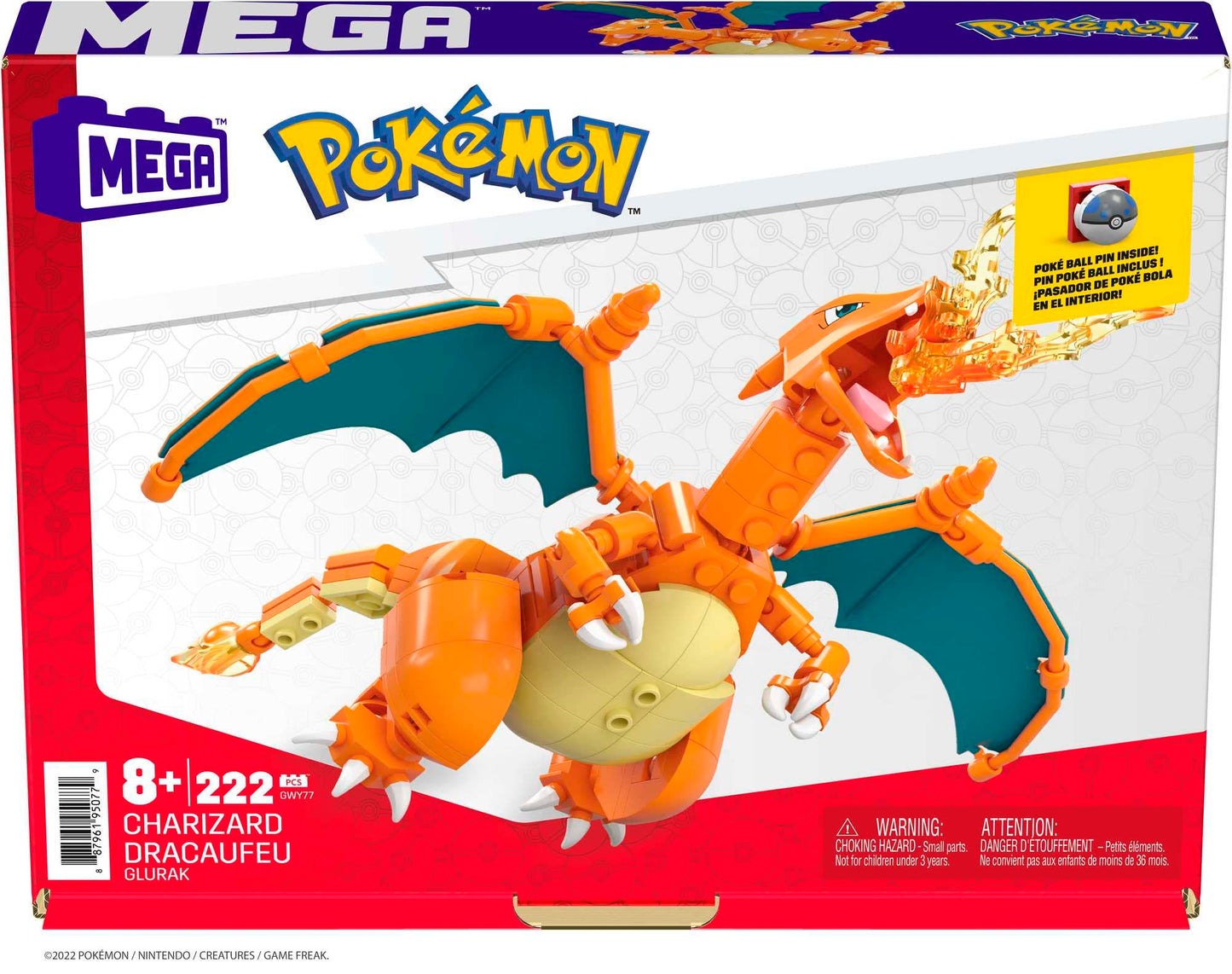 Charizard action figure from Mega Brands, 10 cm tall, with 222 building pieces and Poké Ball pin for collectors.