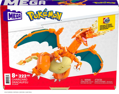 Charizard action figure from Mega Brands, 10 cm tall, with 222 building pieces and Poké Ball pin for collectors.