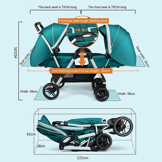 Double Infant Stroller for Twins - Cozy Compact Foldable Baby Pram With Oversized Canopy, Double Seat Tandem Seating (Green)