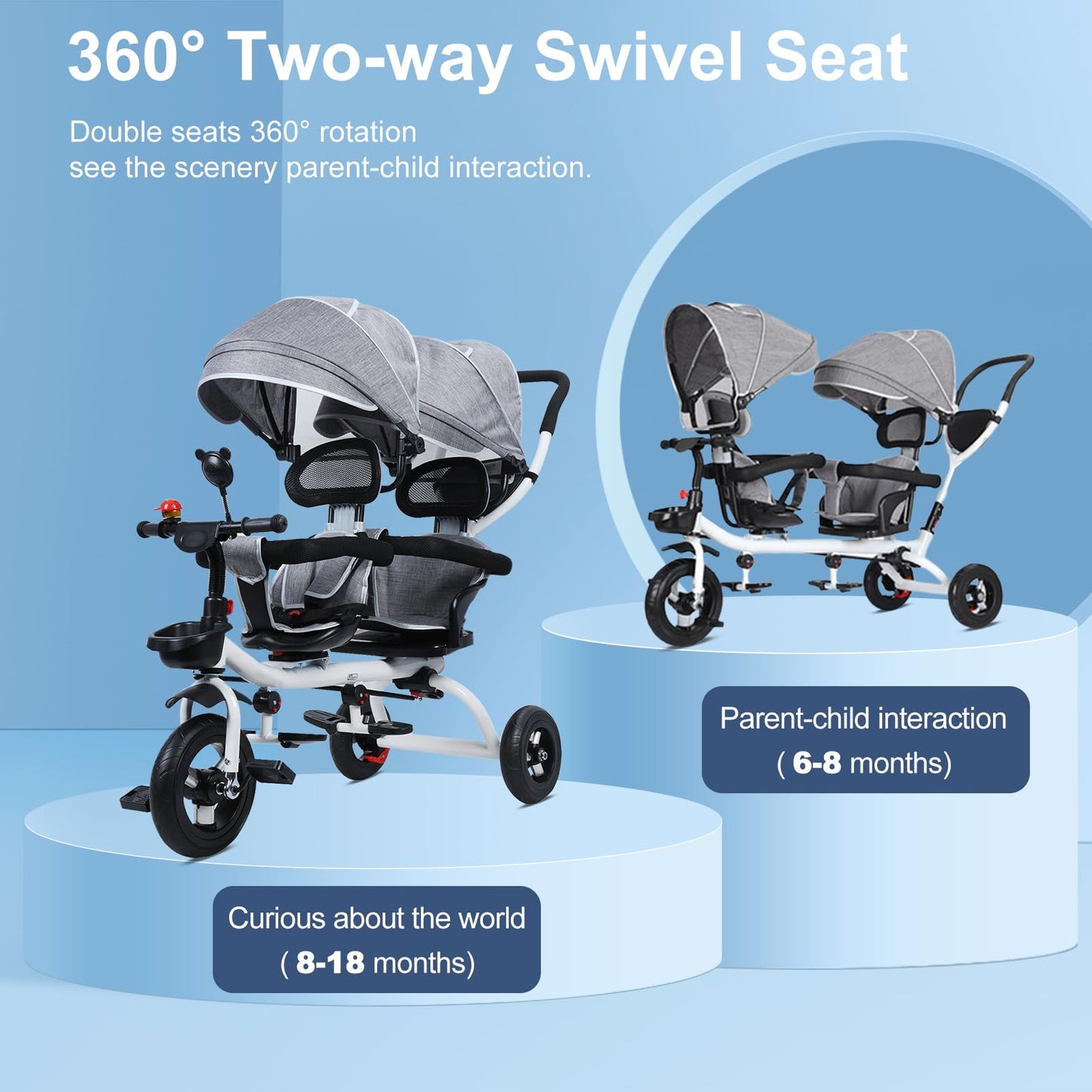 Double Pram Tandem Tricycle Buggy Stroller - Double Seat with Canopy for Kids 2-8 Years Old, Lightweight and Durable Double Pushchair for Easy Transport and Comfort.
