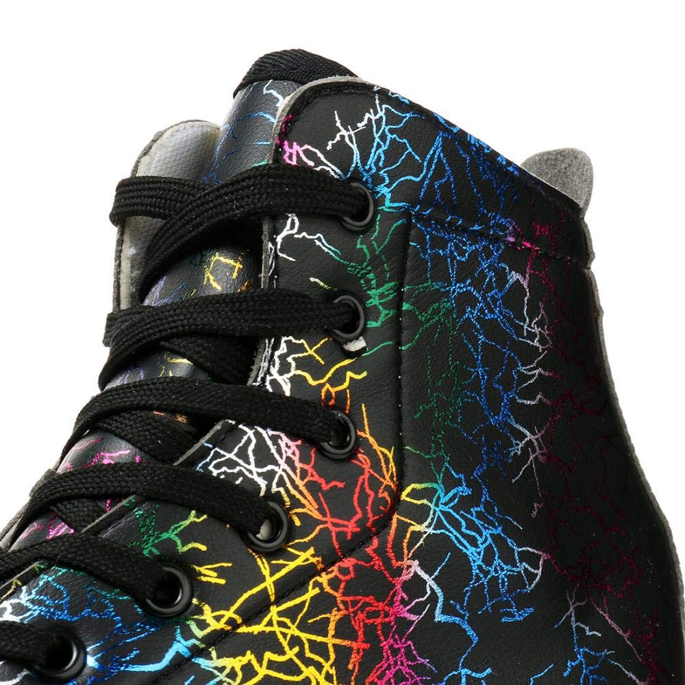 KALINU unisex roller skates with black lightning pattern, double row wheels, high-top design for beginners, size 42.