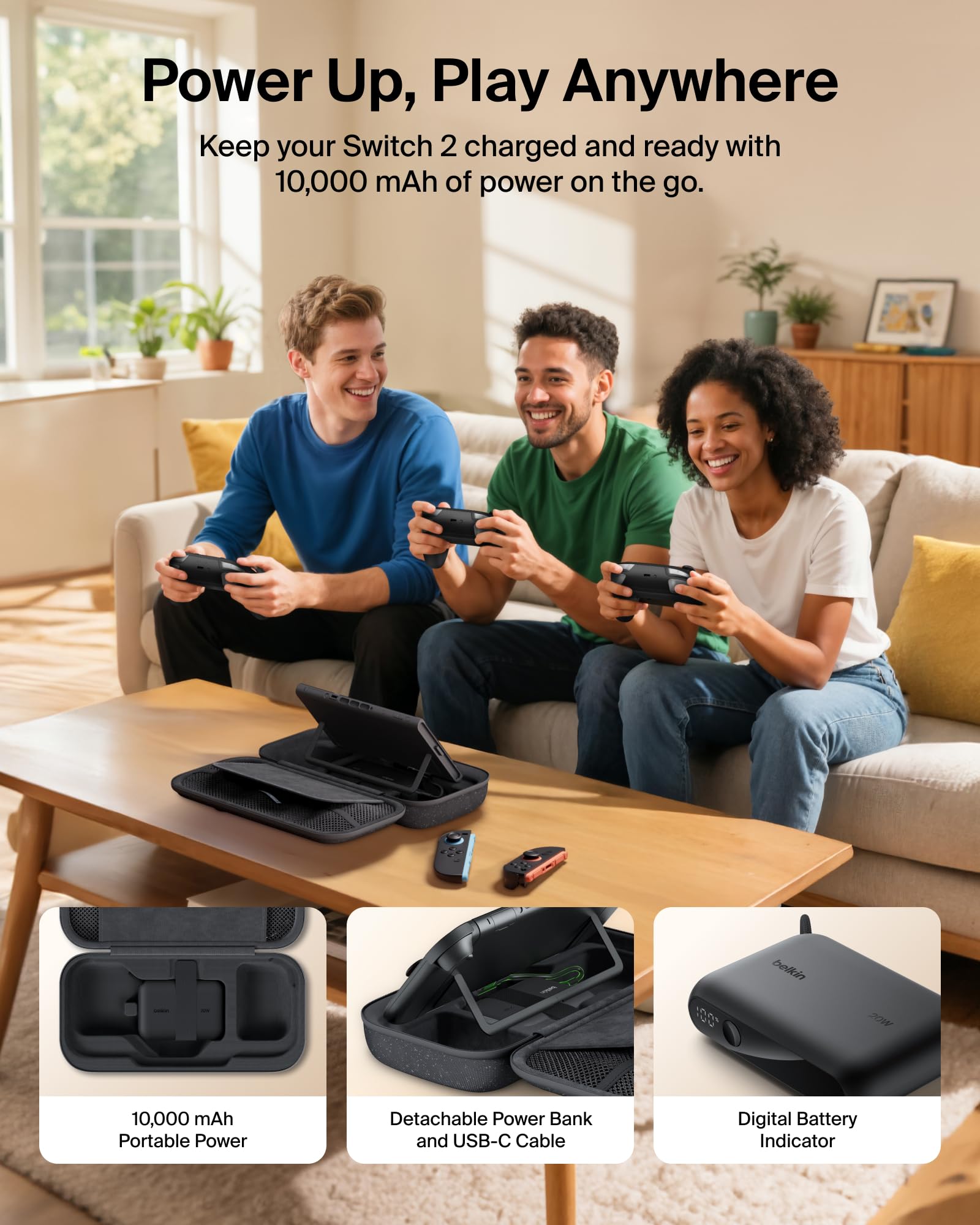 Belkin gaming Nintendo Switch 2 charger case with 10,000mAh power bank, LCD display, 20W fast charging, holder for AirTag and games.