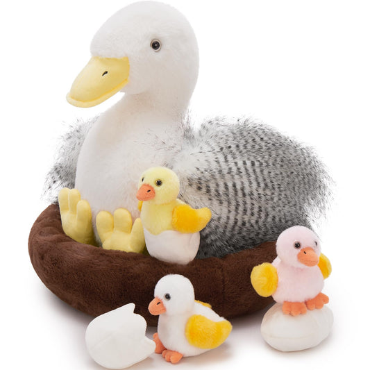 MorisMos Big Duck Teddy Soft Toy, 35cm Mom with Cuddly Ducklings Baby, Giant Fluffly Duck Stuffed Animal Realistic Kawaii Plush Gift for Kids Birthday Deco