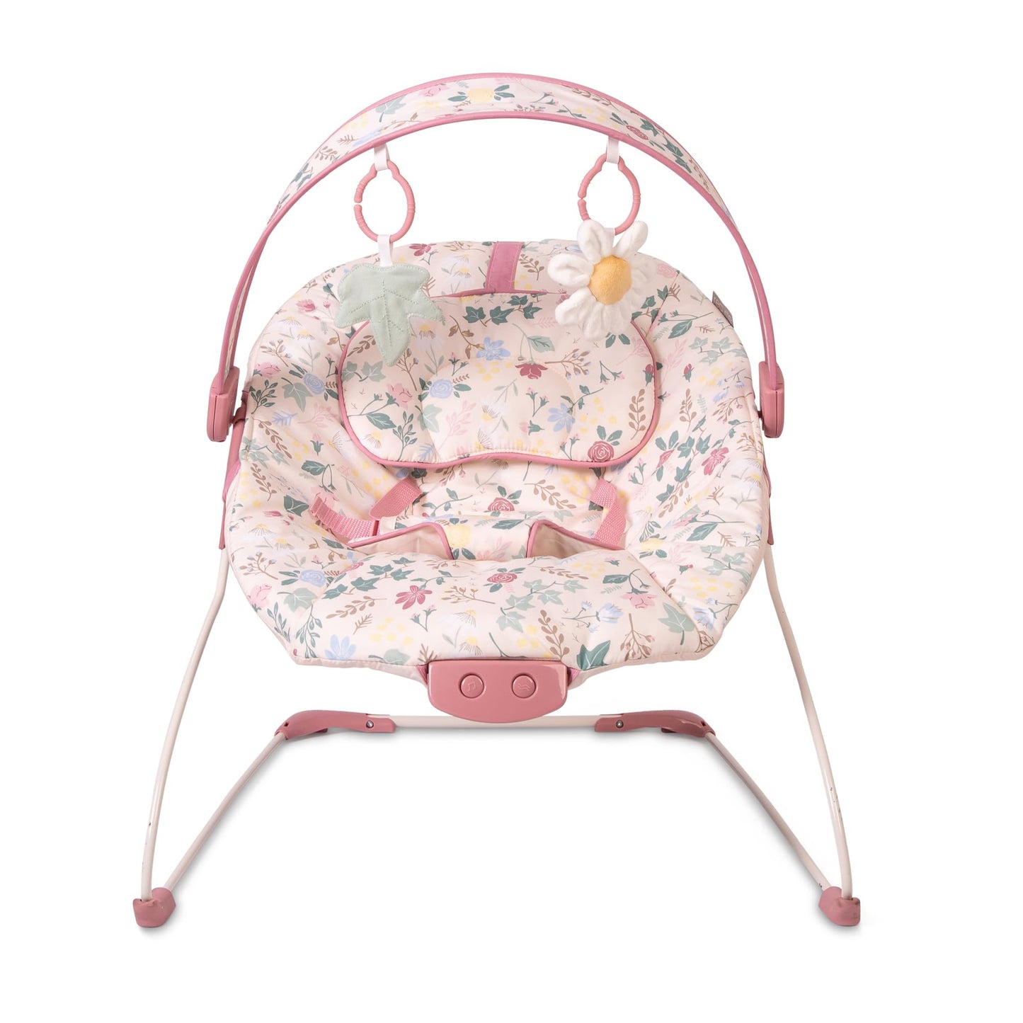 Red Kite Cozy Bounce musical baby bouncer in rose and ivy colors, featuring a soft fabric seat and musical toy arch for infants.