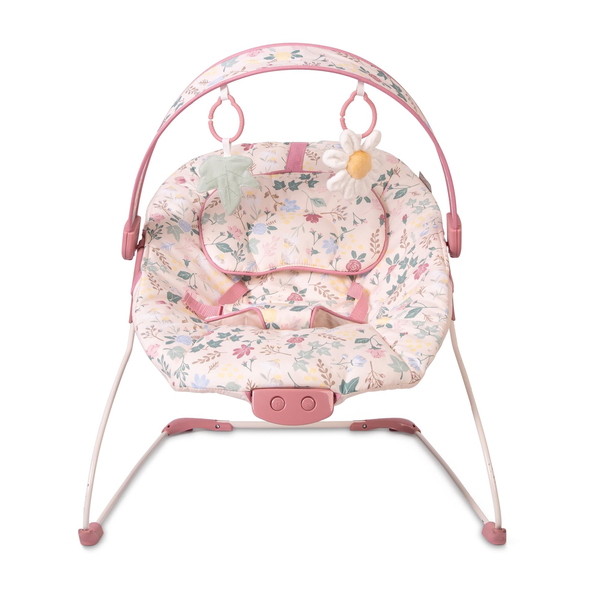 Red Kite Cozy Bounce musical baby bouncer in rose and ivy colors, featuring a soft fabric seat and musical toy arch for infants.