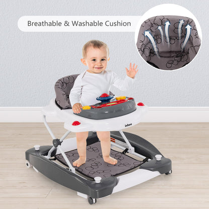 INFANS Baby Walker in grey with removable music tray, adjustable height, washable seat, foldable activity center for toddlers.