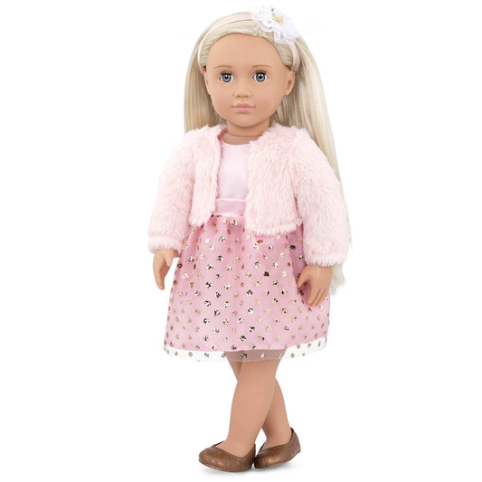 18-inch Our Generation Millie doll wearing a pink faux fur coat with a 5-piece winter clothing set.