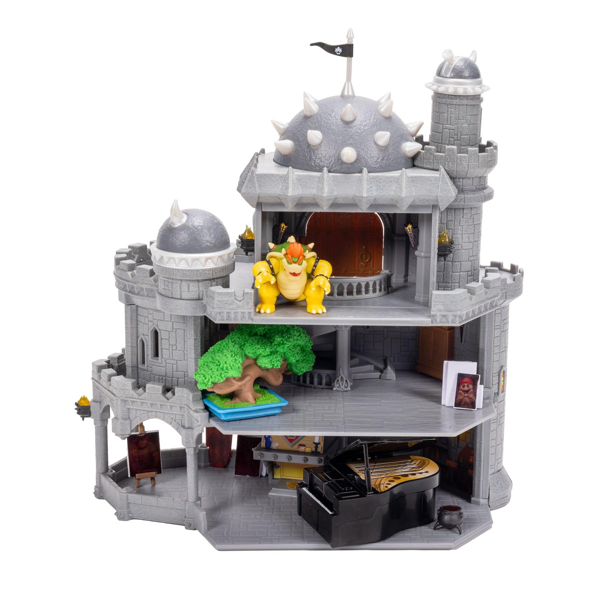Super Mario Galaxy Movie Bowser Castle Playset by Jakks Pacific with mini Bowser figure, accessories, and three play levels.