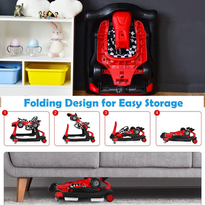 Maxmass Baby Walker, 4 in 1 Infant Sit-to-Stand Walker with Adjustable Height & Speed, Steering Wheels, Detachable Seat Cushion, Foldable Toddler Activity Walkers for Boy Girl 6-18 Months (Red)