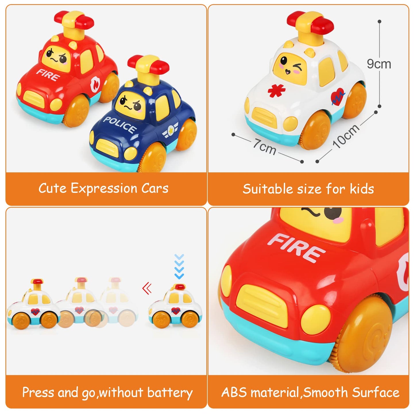 LEADSTAR cartoon wind-up baby toy cars for toddlers, featuring bright colors and easy press-and-go functionality.