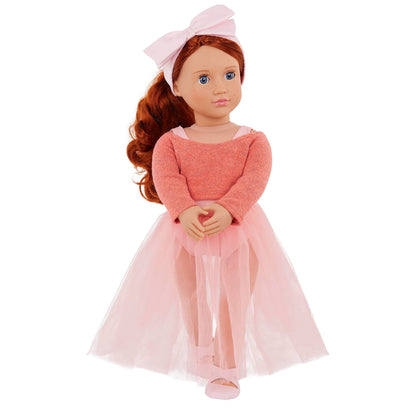 18-inch Our Generation ballerina doll Aubrie with blue eyes, red hair, ballet outfit, and hair bow for pretend play.