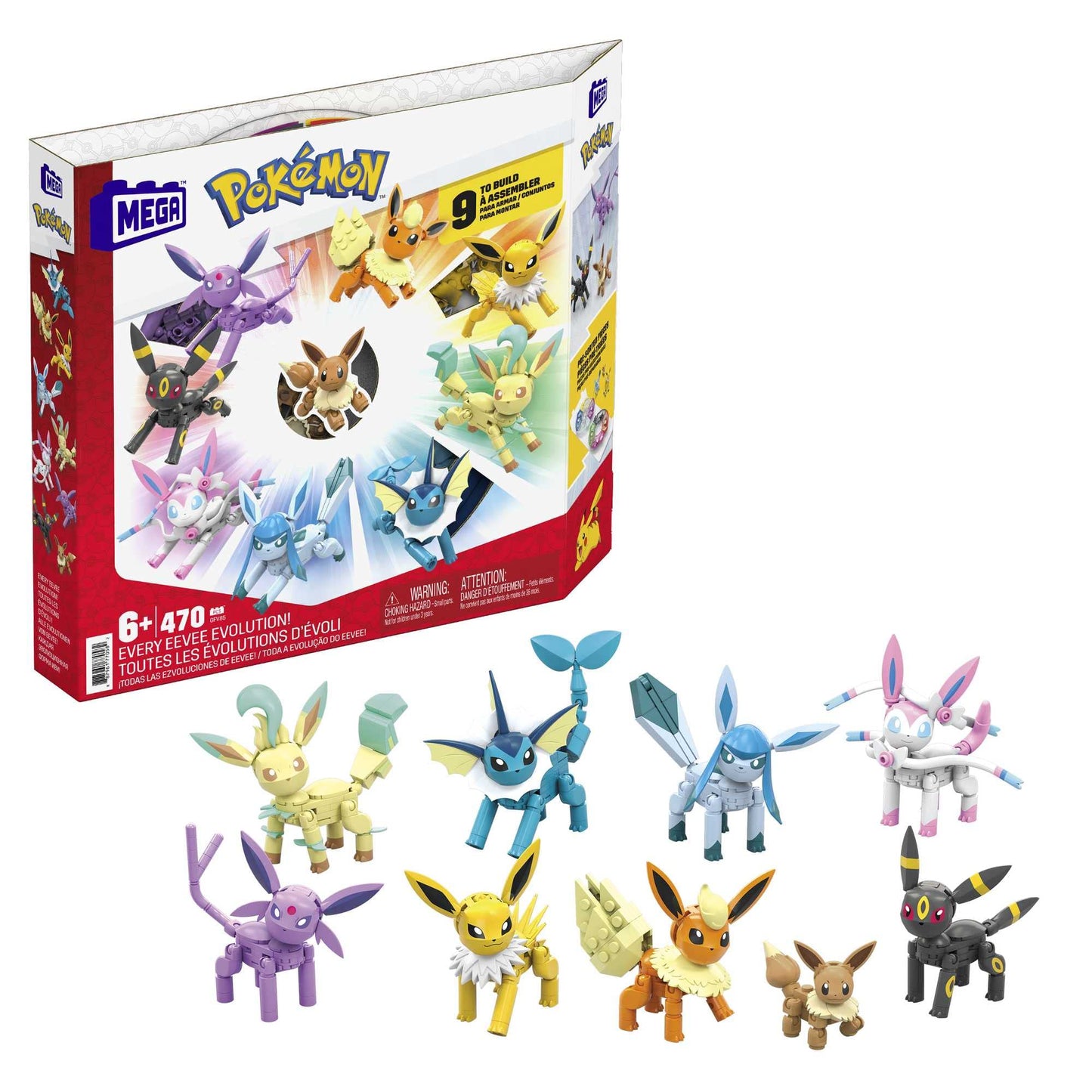 MEGA Pokémon building set featuring all Eevee evolutions with 470 pieces and 9 poseable characters for kids.