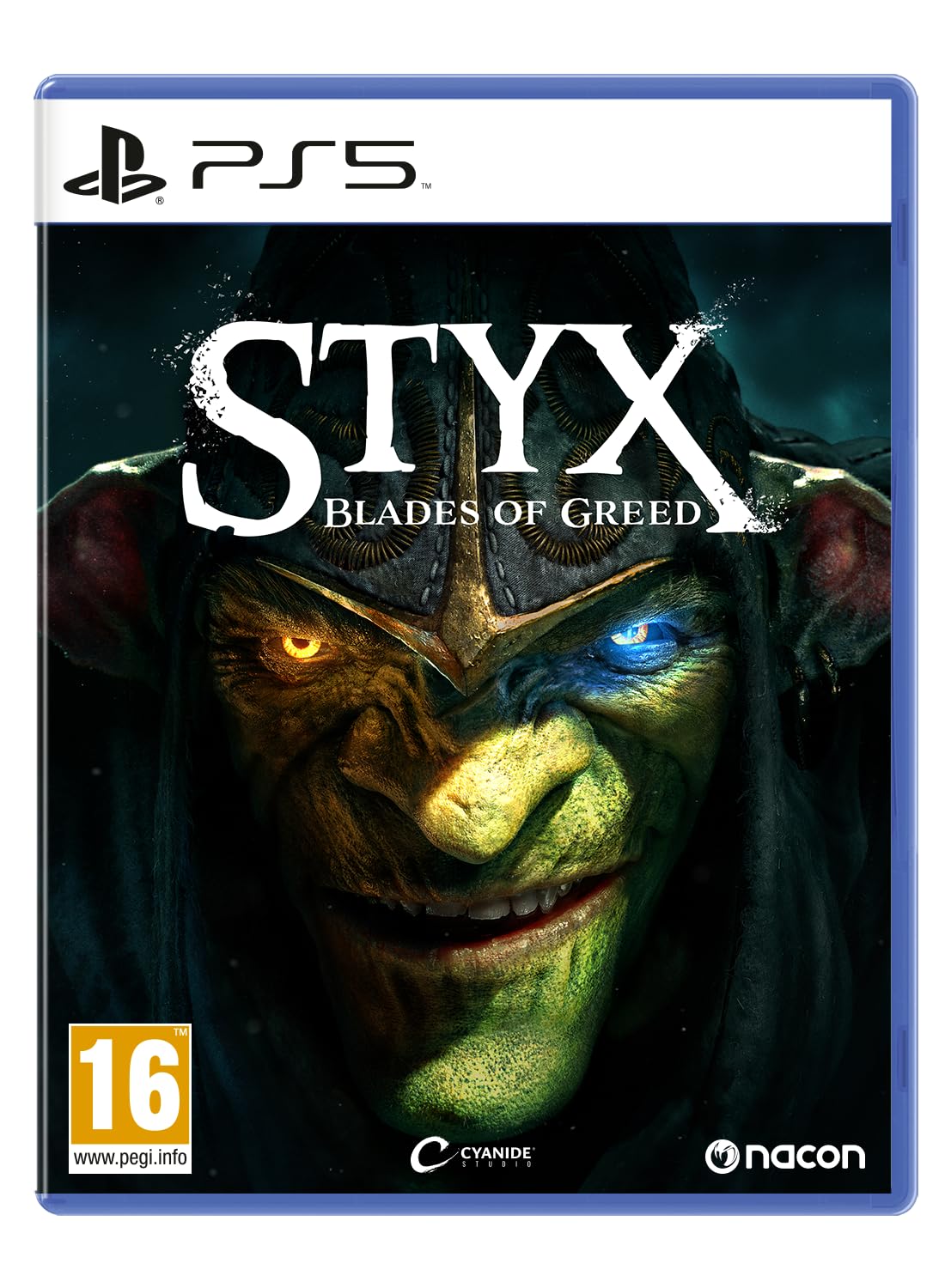 Nacon Styx: Blades of Greed PS5 game box art featuring Styx character and dark fantasy background.
