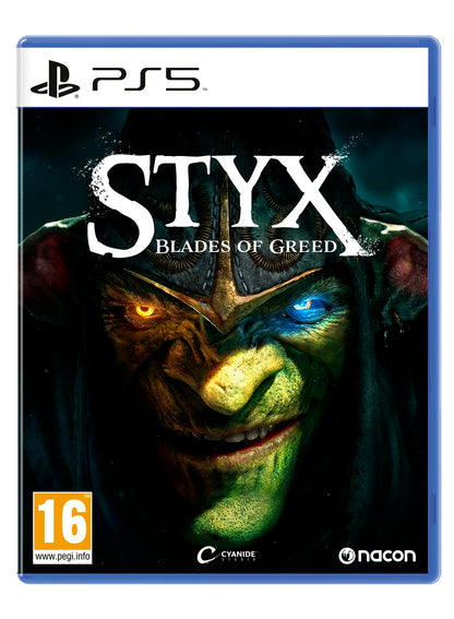 Nacon Styx: Blades of Greed PS5 game box art featuring Styx character and dark fantasy background.