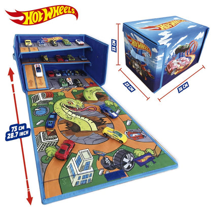 Hot Wheels 3-in-1 collapsible car storage box and playmat featuring road designs for toy cars.