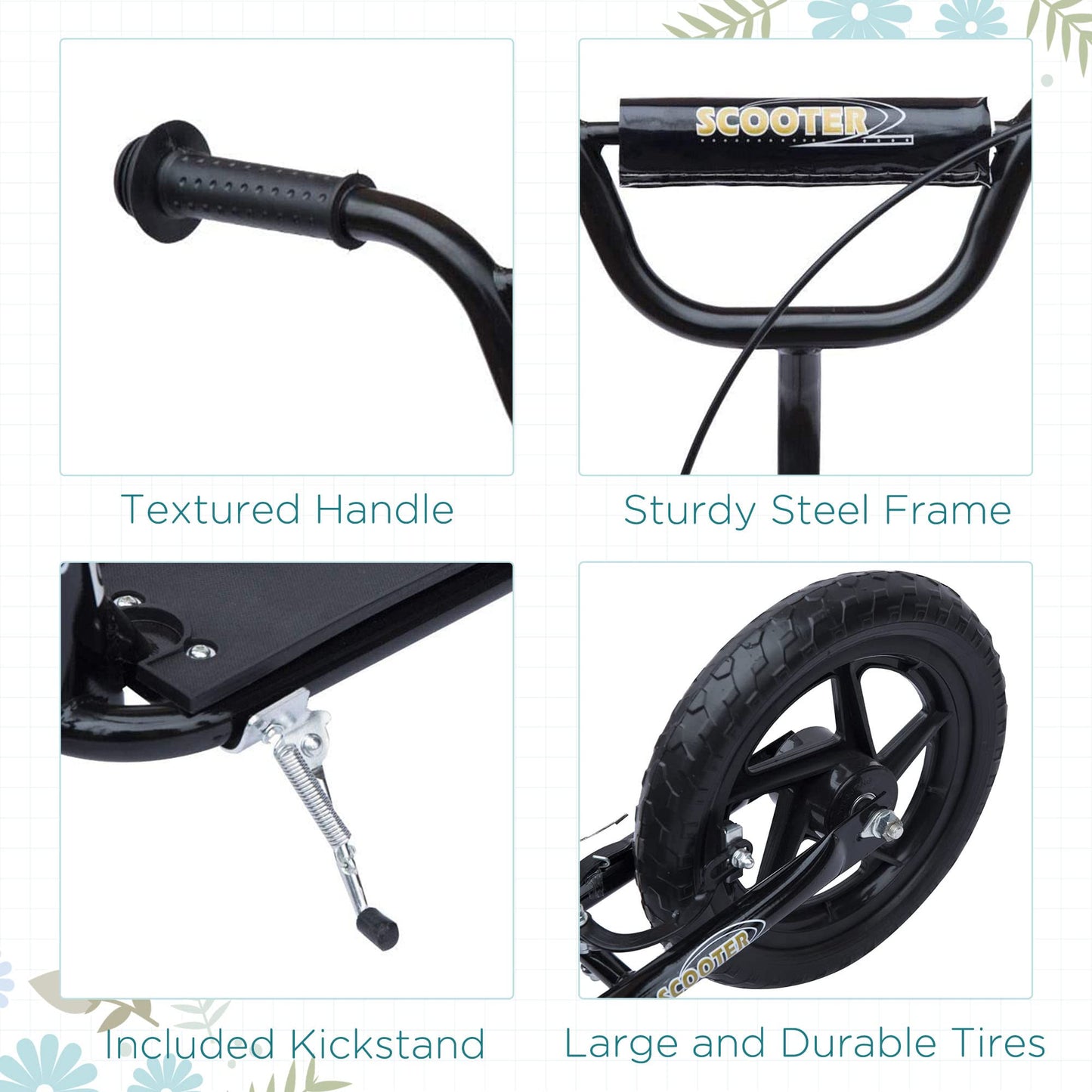 Black HOMCOM kids scooter with adjustable handlebar, 12" EVA tires, and rear brake for children aged 5-12 years.