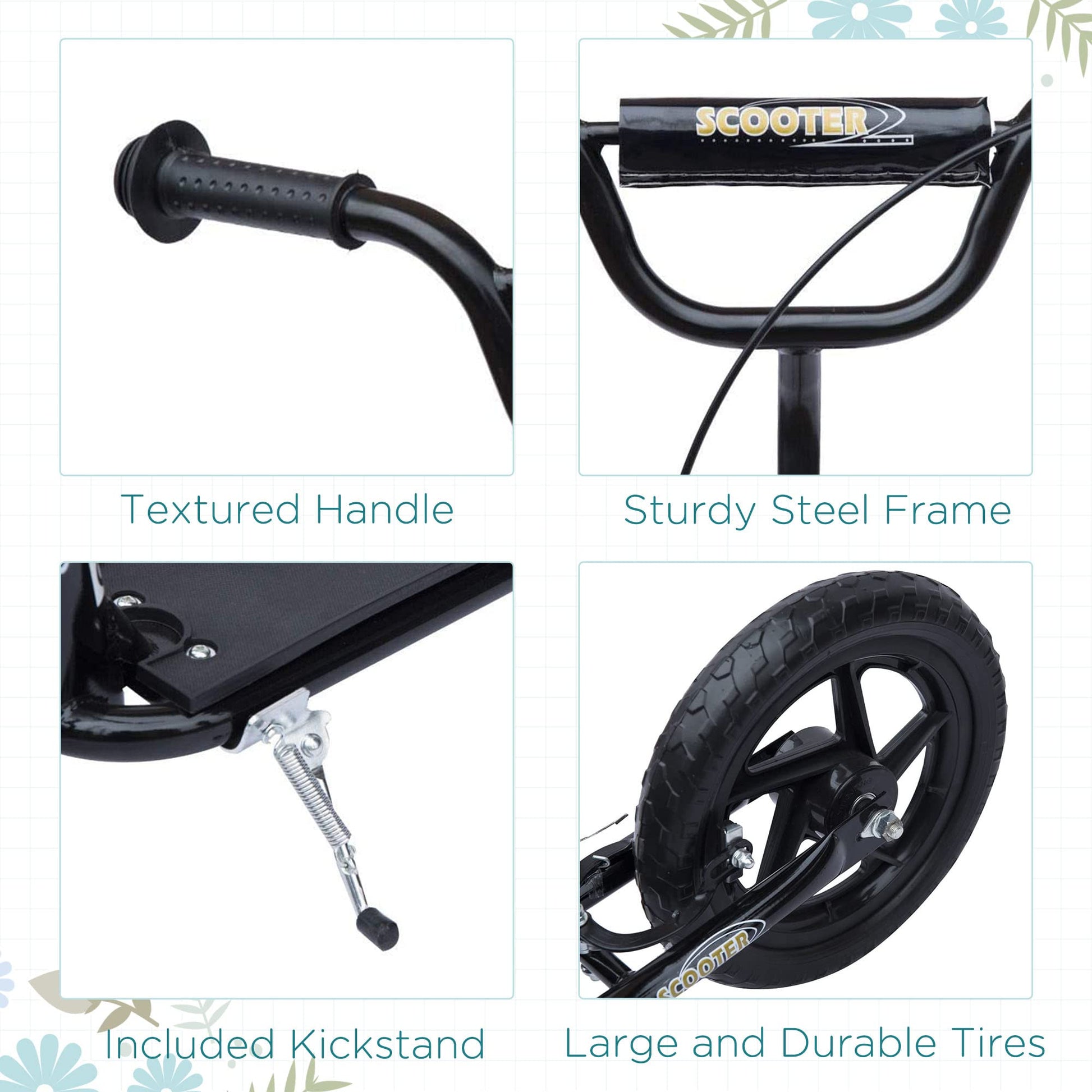Black HOMCOM kids scooter with adjustable handlebar, 12" EVA tires, and rear brake for children aged 5-12 years.