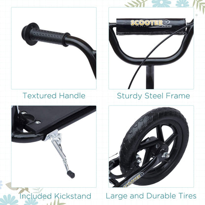 Black HOMCOM kids scooter with adjustable handlebar, 12" EVA tires, and rear brake for children aged 5-12 years.