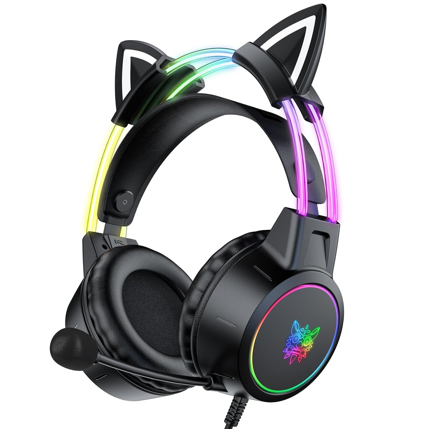 ONITOON lightweight gaming headset with removable cat ears, gradient RGB lighting, wired connection, virtual surround sound, noise-canceling mic