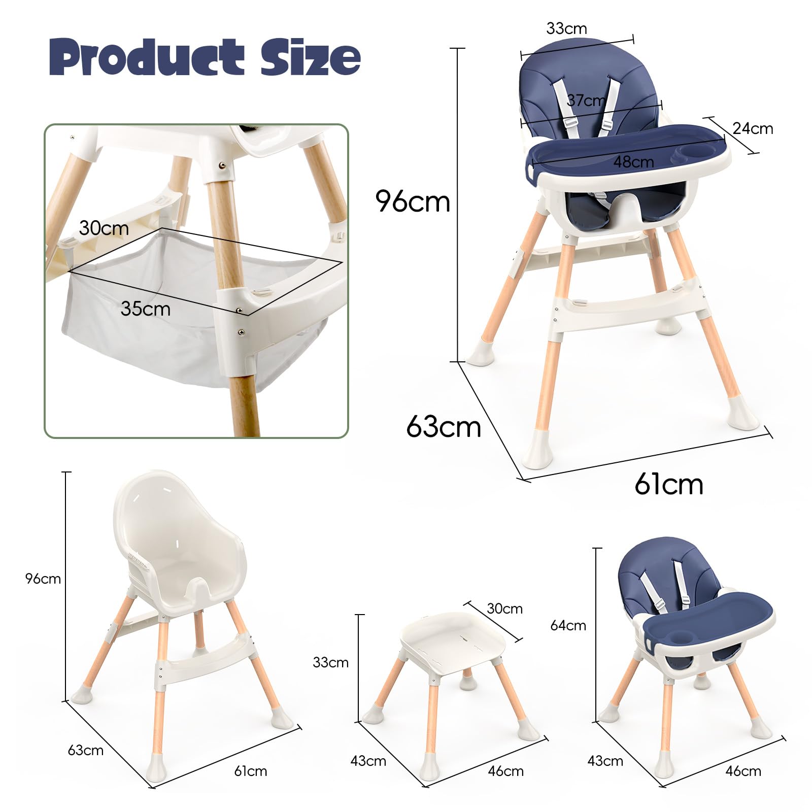 Blue Sweetmirth 4-in-1 baby high chair with adjustable height, removable tray, ergonomic design, suitable for ages 6 months to 5 years.