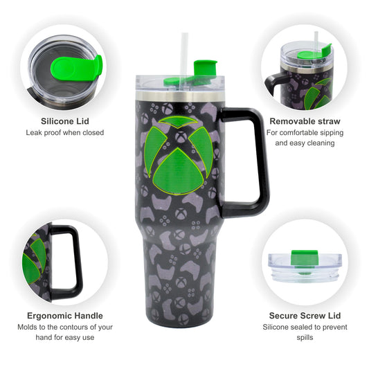 Xbox 1200ml Insulated Stainless Steel Travel Tumbler with Handle and Straw – Official Xbox Gaming Mug for Hot & Cold Drinks