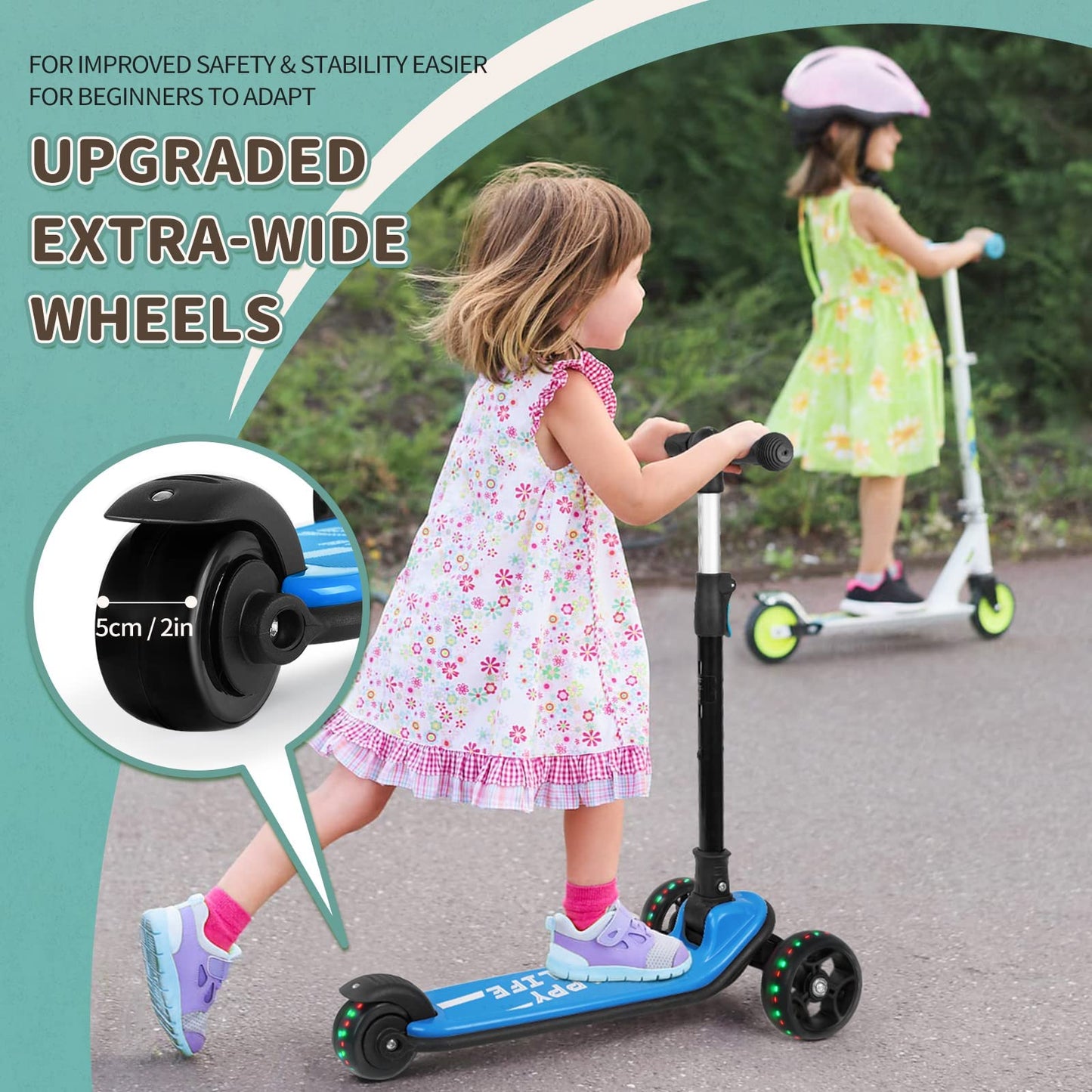 besrey kids scooter with big wheels, flashing LED lights, adjustable height, and three-wheel design for children ages 3-10.
