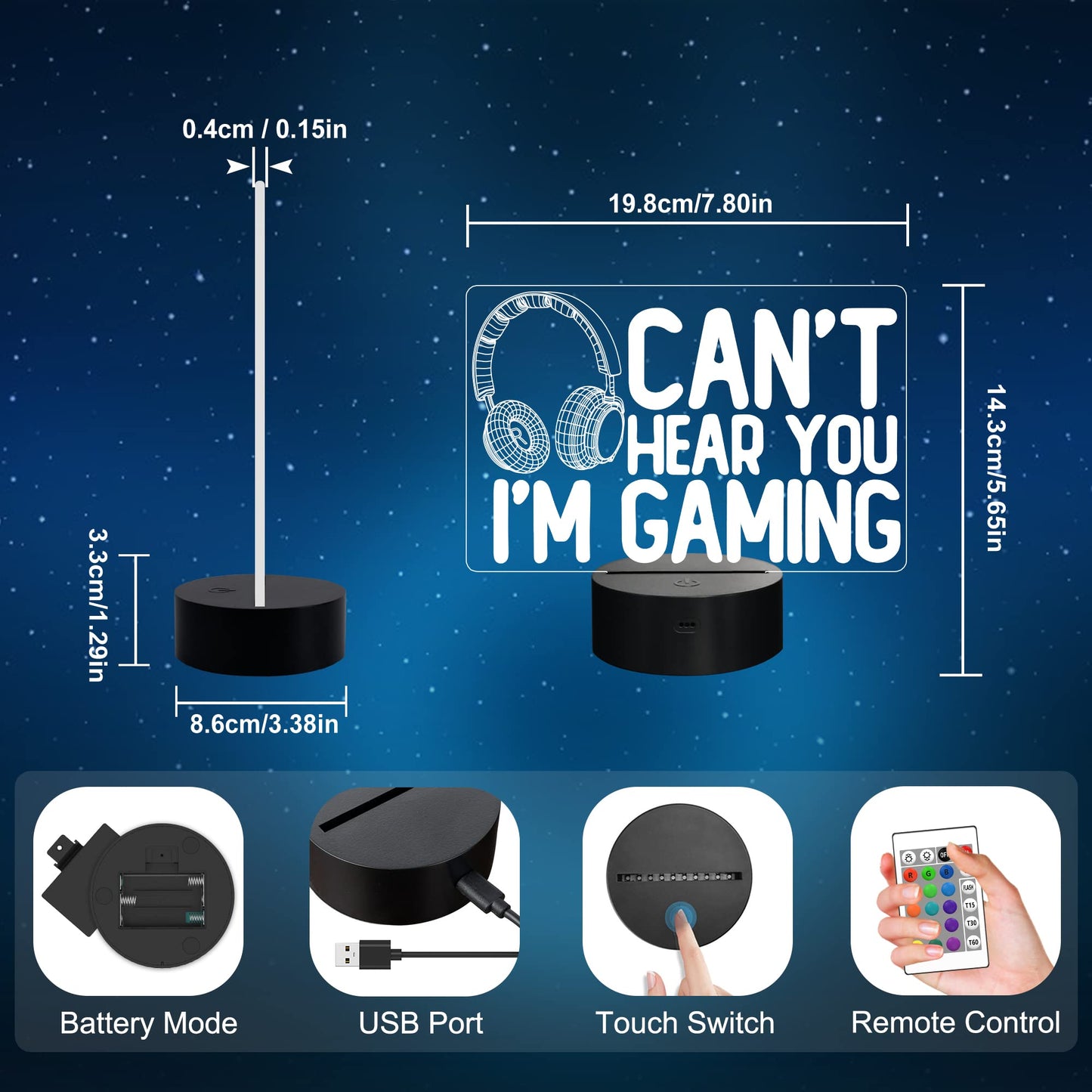 YuanDian gaming night light featuring a headset graphic, 16 color options, touch and remote control, ideal for gamers and teens.