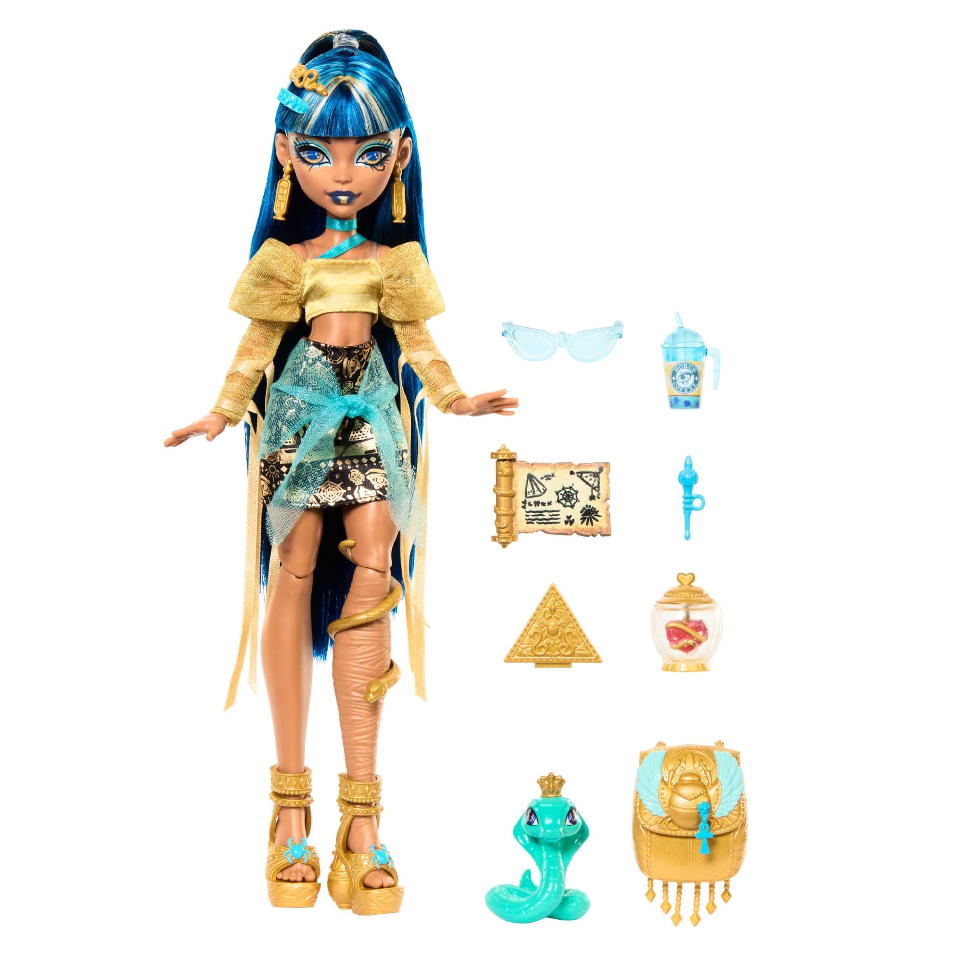 Cleo De Nile Doll in golden blouse and layered skirt with pet cobra Hissette and accessories like a backpack and scroll.