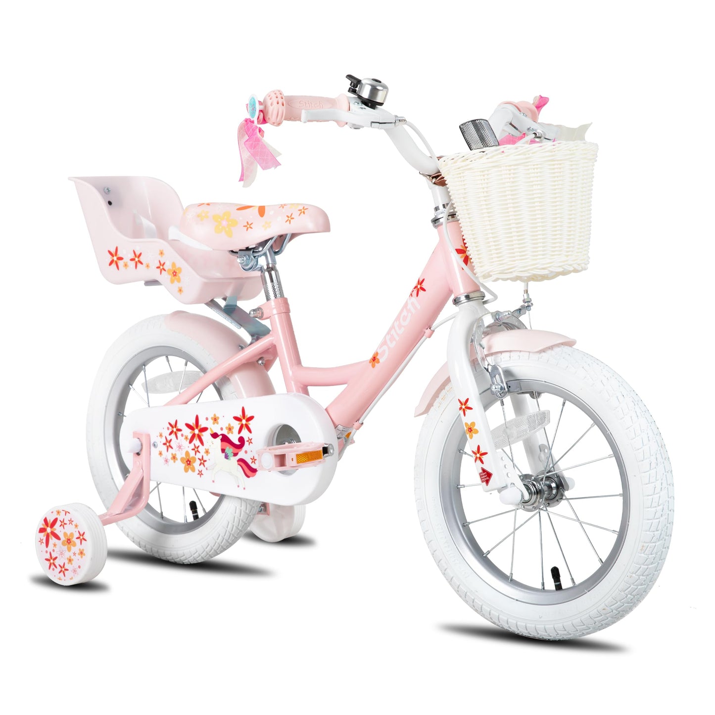 STITCH Unicorn 14 Inch Girls Bike for 3-5 Years Old Kids, 14 Inch Girls Bike with Basket& Doll Seat,Pink