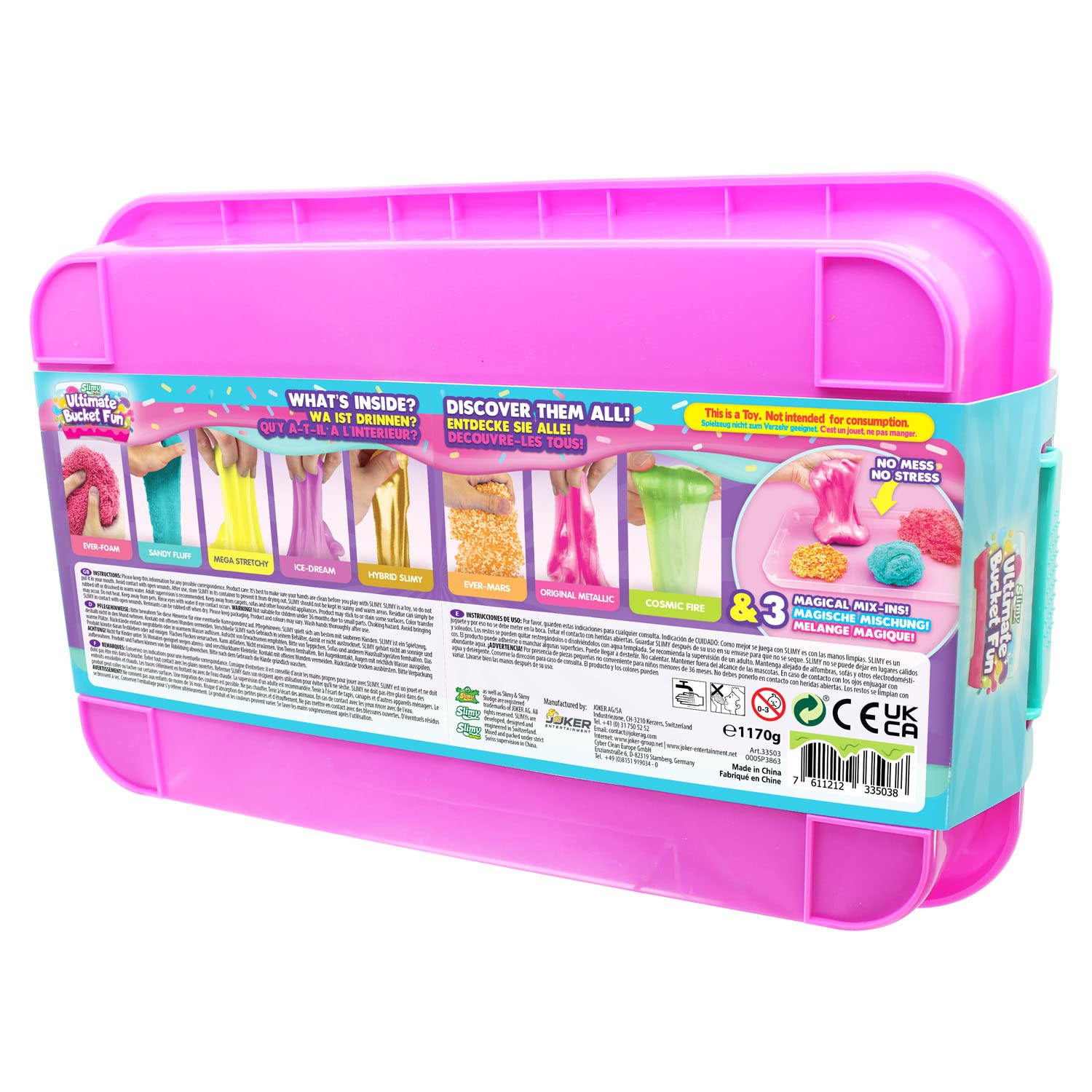 Colorful collection of slimy, squishy toys from Slimy's Ultimate Bucket Fun set, featuring various vibrant, textured slime samples.
