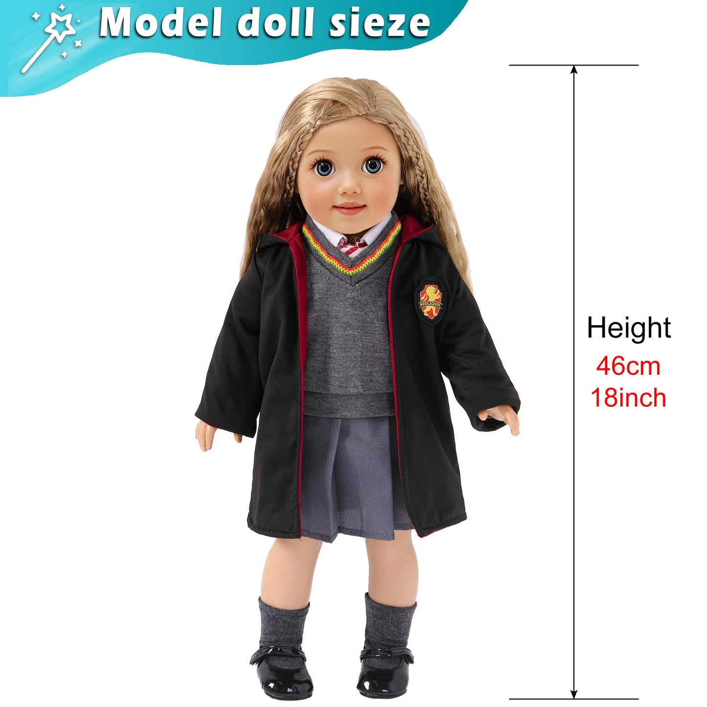 ebuddy Hermione Granger-inspired doll clothes set for American Girl dolls, featuring 10pc Hogwarts uniform and magic book.