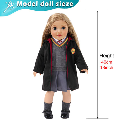 ebuddy Hermione Granger-inspired doll clothes set for American Girl dolls, featuring 10pc Hogwarts uniform and magic book.