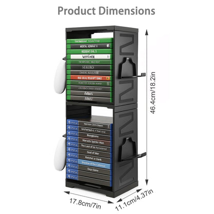 JF HOME BLISS Game Storage Tower Universal Vertical Stand Holds 24 Discs for PS5 Xbox Series X/S Switch PS4 Blu-Ray Double-Tier Organizer with Controller Hooks Space-Saving Design for Gamers