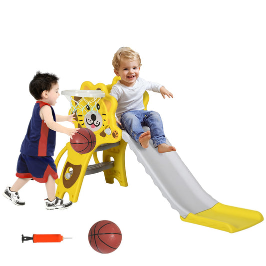 AIYAPLAY Kids Slide 3 in 1 Freestanding Toddler Slide with Climber, Basketball Hoop, Basketball, Lion-Themed for Ages 18-36 Months - Yellow