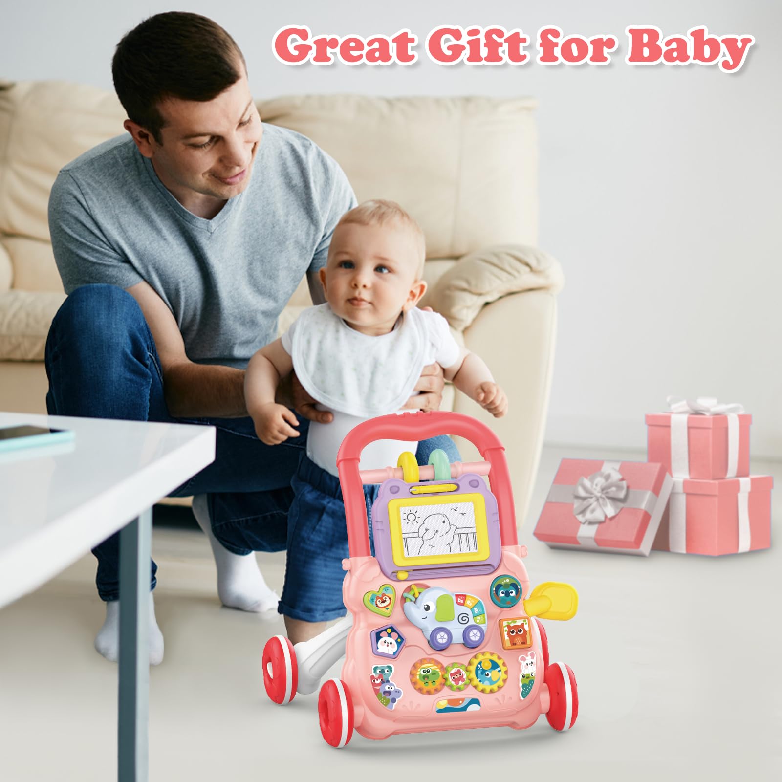 KalaDuck Sit-to-Stand Baby Walker in pink with music, drawing board, and educational toys for 6+ months boys and girls.