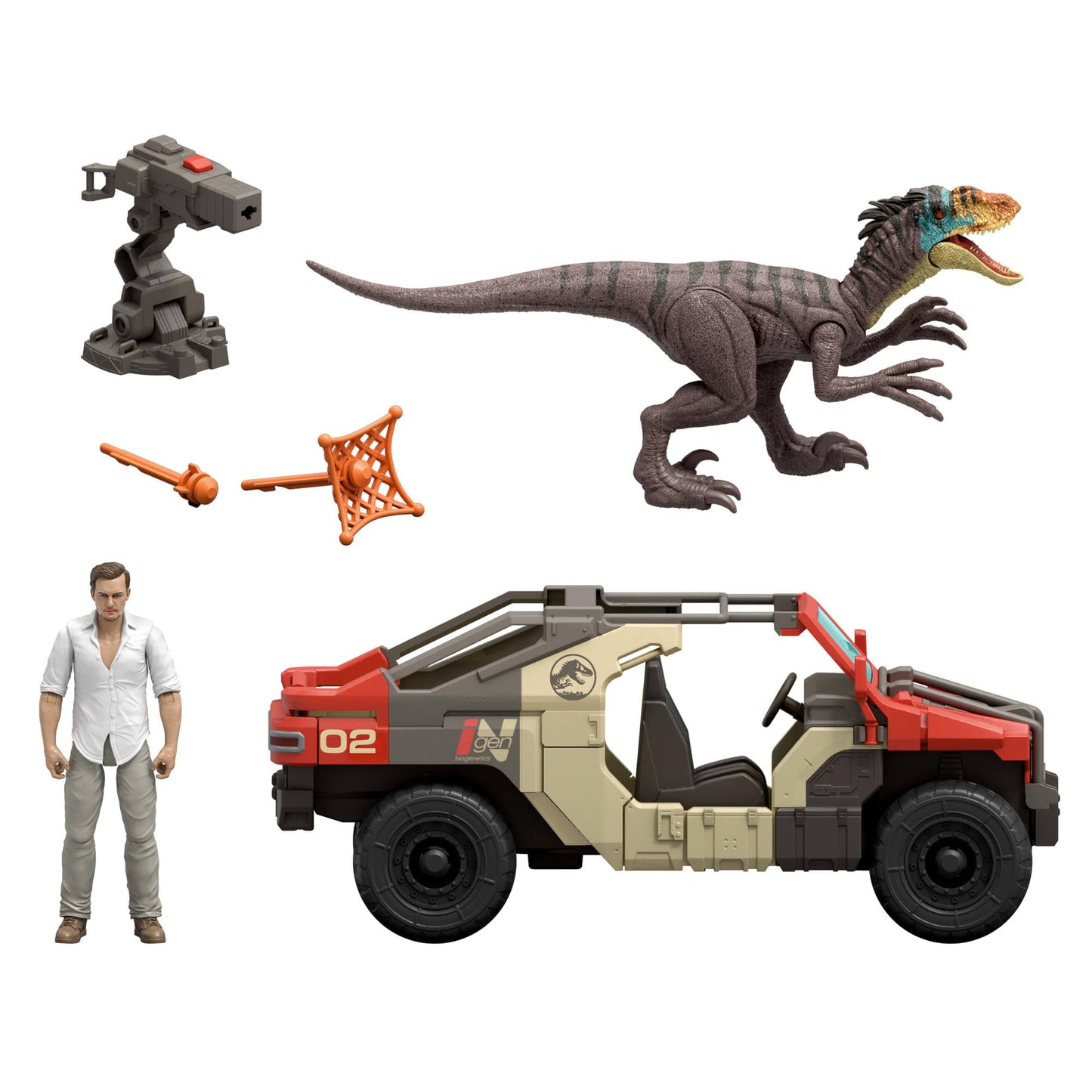 Mattel Jurassic World Rebirth Vehicle with 1 Human & 1 Dinosaur Figure, Launch ‘N Battle Truck, Martin Krebs Figure & Raptor, Turret & 2 Projectiles, JGB59
