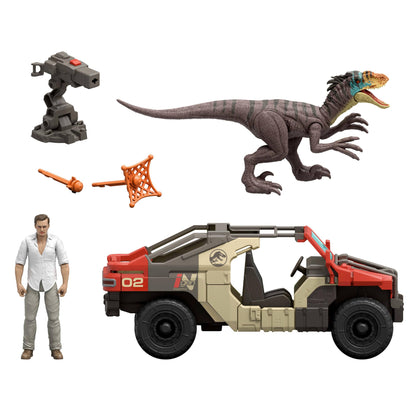 Mattel Jurassic World Rebirth Vehicle with 1 Human & 1 Dinosaur Figure, Launch ‘N Battle Truck, Martin Krebs Figure & Raptor, Turret & 2 Projectiles, JGB59
