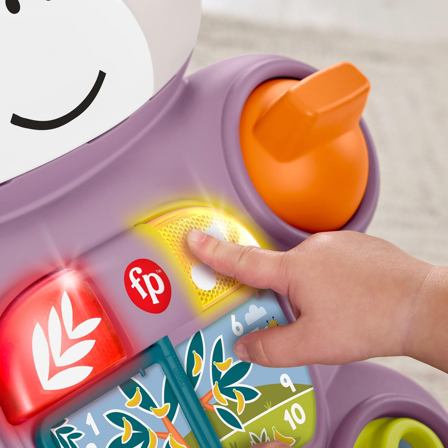 Fisher-Price Baby Walker with purple monkey toy, music, lights, and activities for infants and toddlers aged 6 months and up.