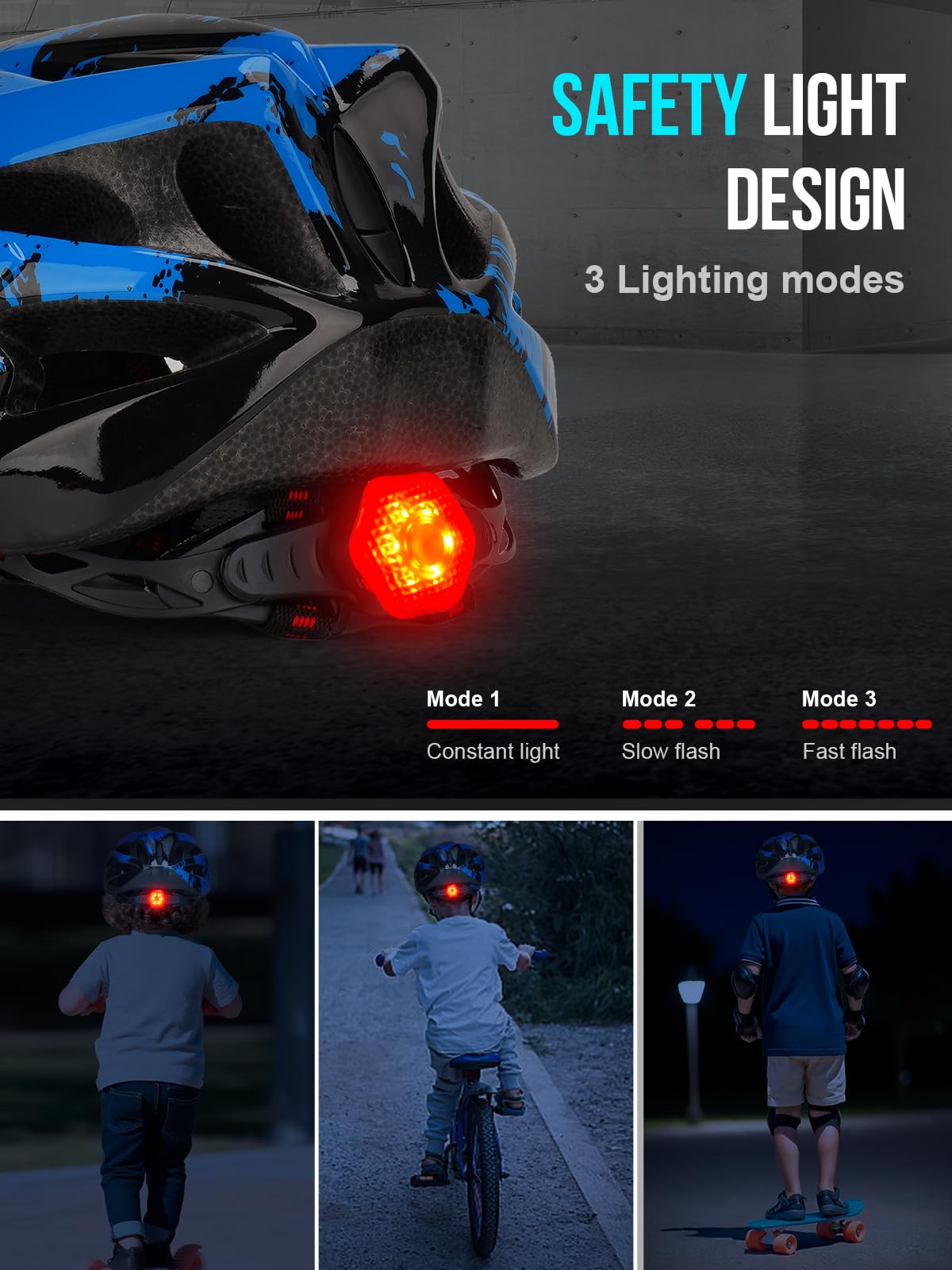 Kids Helmet, RaMokey Kids Bike Helmet With Light, Boys Girls Bike Helmet Age 3-14, Adjustable Child Helmet (50-59CM) for Bicycle Scooter Skating Cycle