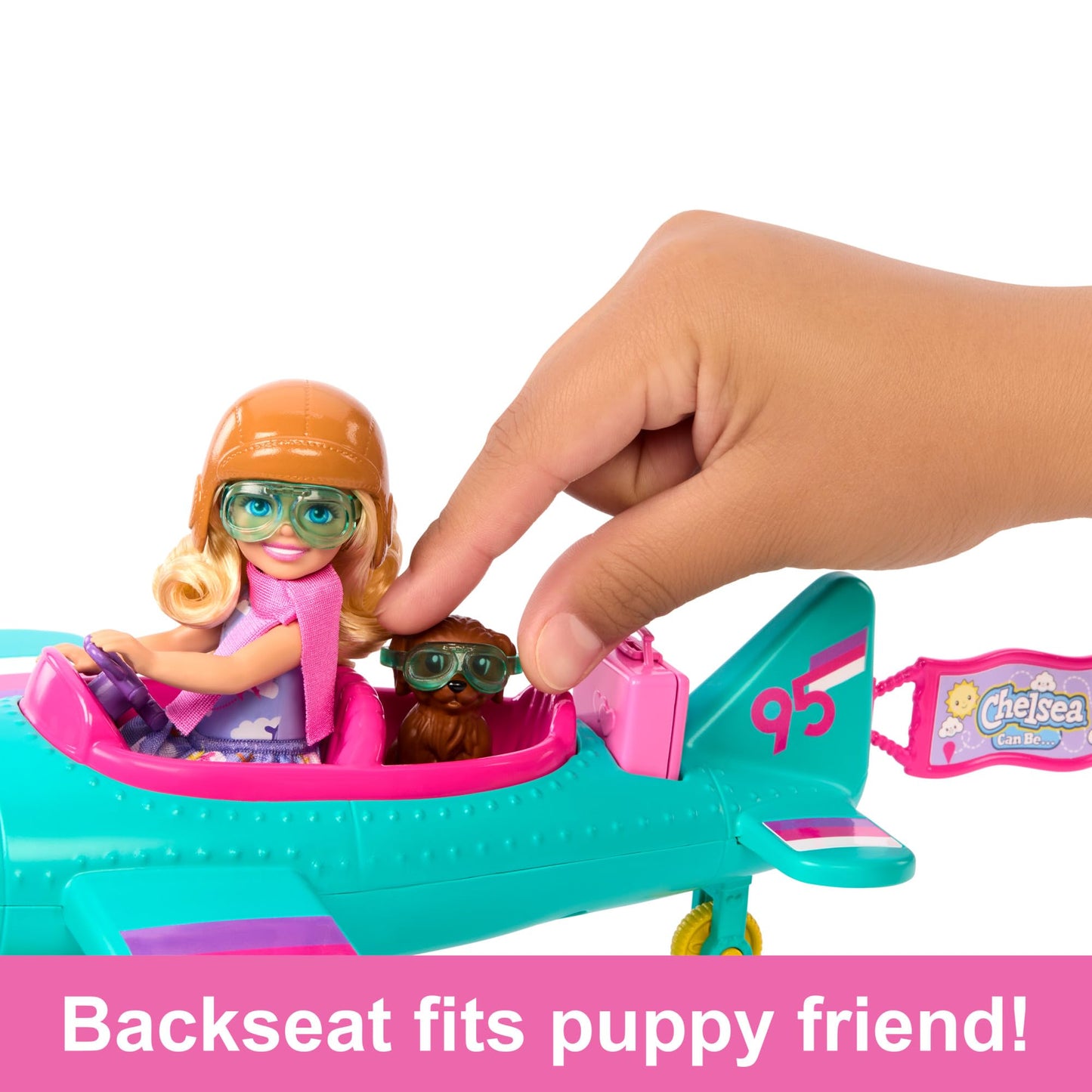 Barbie Chelsea Can Be doll and 2-seater plane playset with spinning propeller, puppy, stickers, and seven accessories.