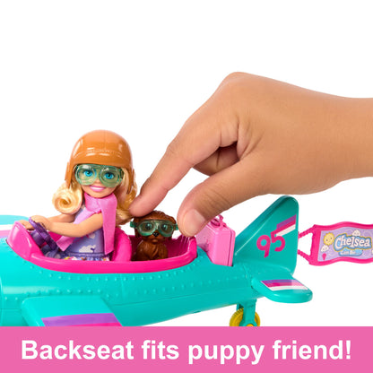 Barbie Chelsea Can Be doll and 2-seater plane playset with spinning propeller, puppy, stickers, and seven accessories.